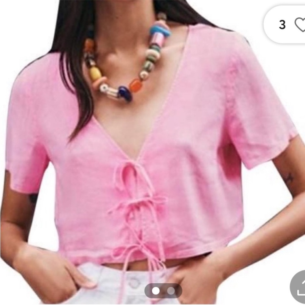 Zara Pink Linen Blend Cropped Front Tie Top size XS